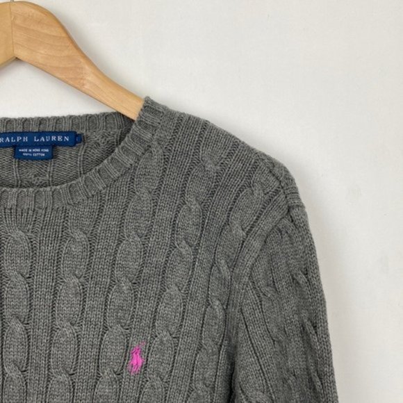 Ralph Lauren Cable Knit Sweater Gray & Purple Classic Preppy Cotton Large - Picture 5 of 13